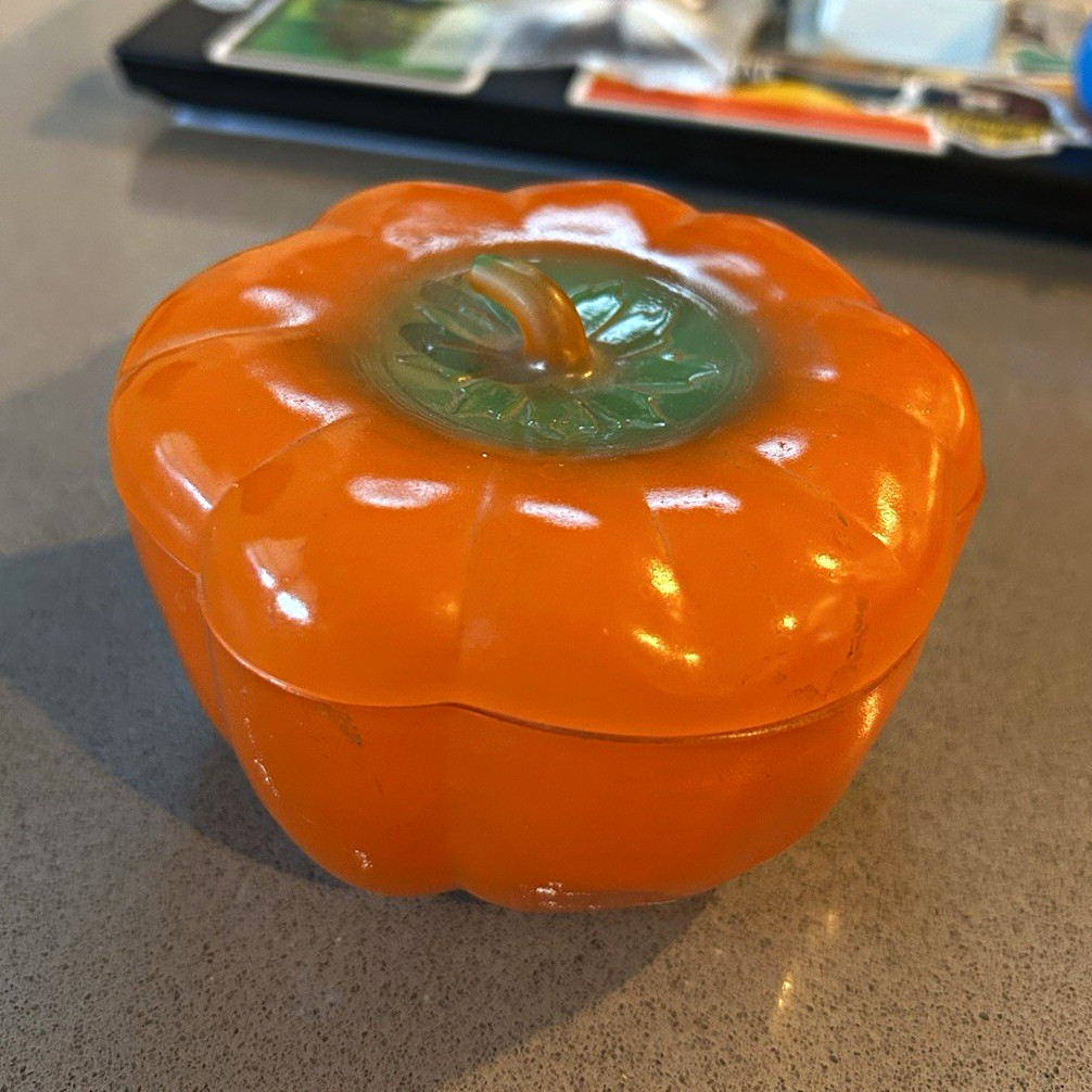 Hazel Atlas Orange Green Pumpkin glass Covered Dish- extremely rare