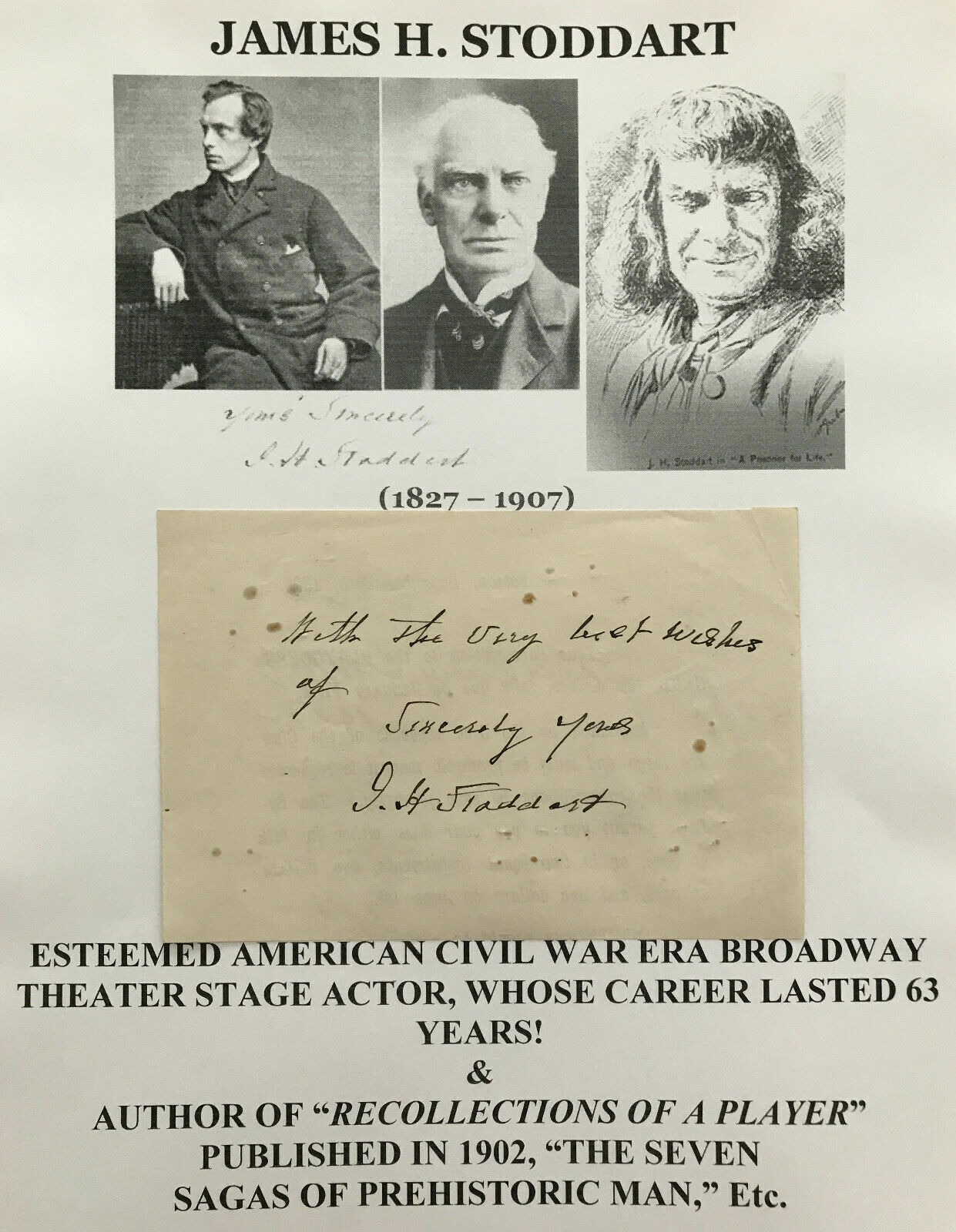 CIVIL WAR ERA BROADWAY THEATER STAGE ACTOR STODDART AUTOGRAPH LETTER SIGNED ANS