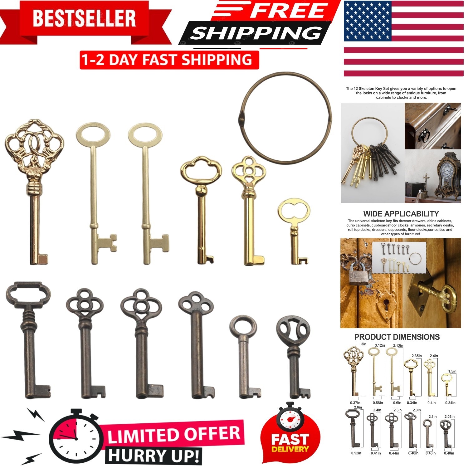 Universal 12PC Skeleton Key Set for Antique Furniture