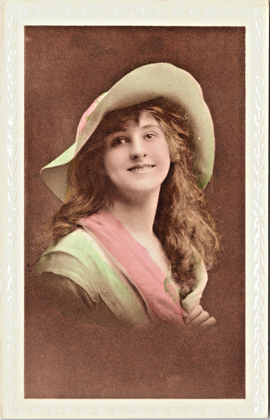 RPPC Vintage Pastel Hand Tint Lovely Lady Smile Picture Hat Curls Studio  B-82