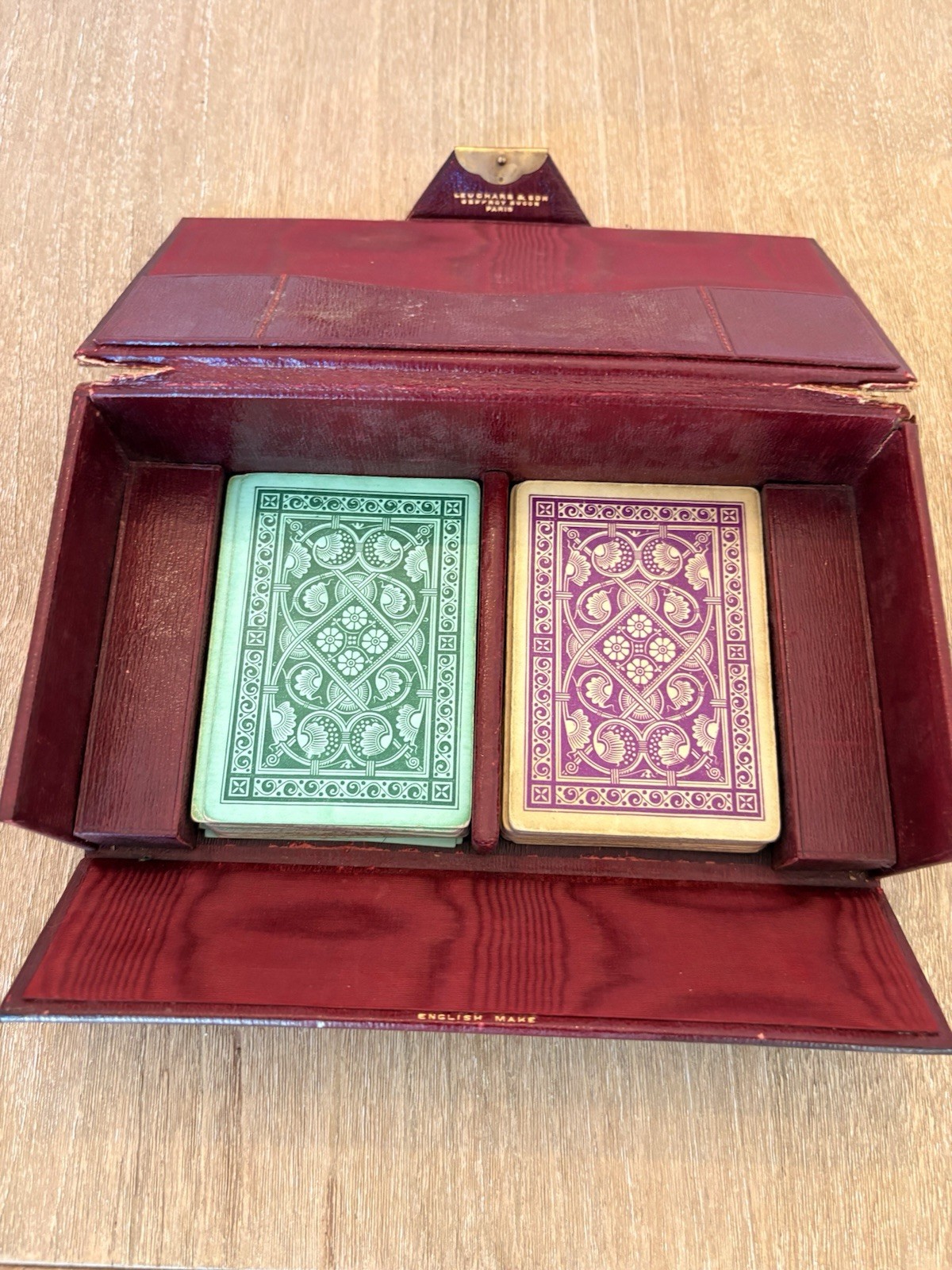 1870s Victor E Mauger Playing Cards 3 Deck Lot Leuchars Paris Leather Case 95/96