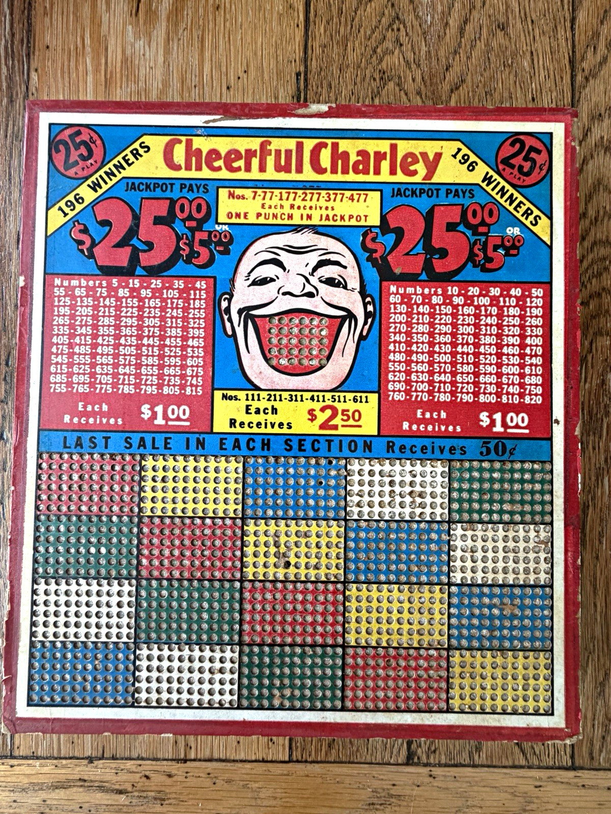 Vintage Cheerful Charley Punch Board 25¢ Gambling Game 1200 Hole Color Display