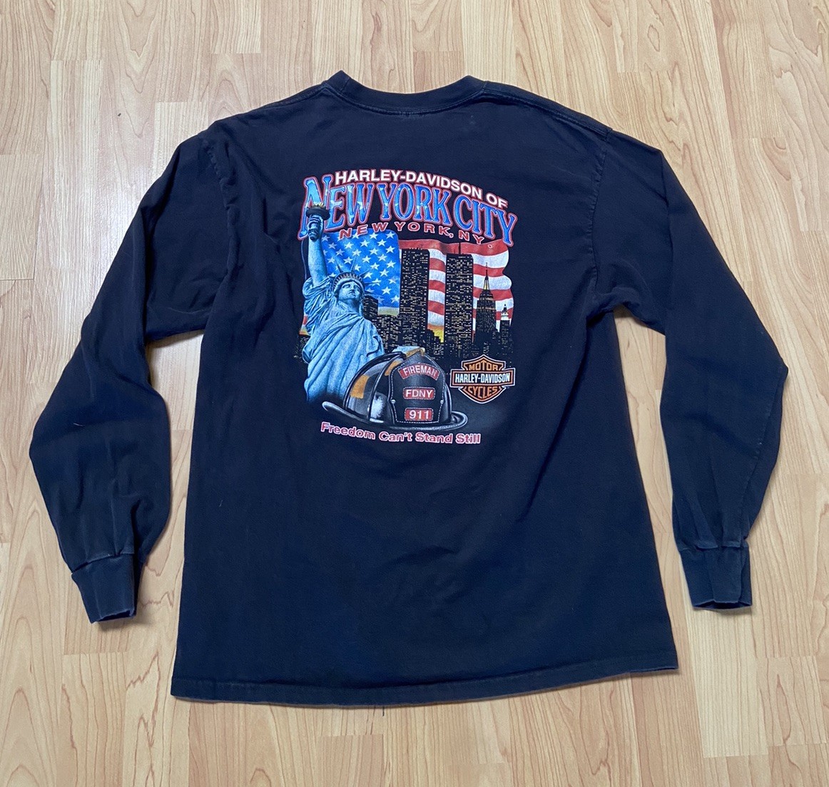 Vtg Harley Davidson NYC Twin Towers Long Sleeve Shirt 9/11 Tribute FDNY Sz L USA