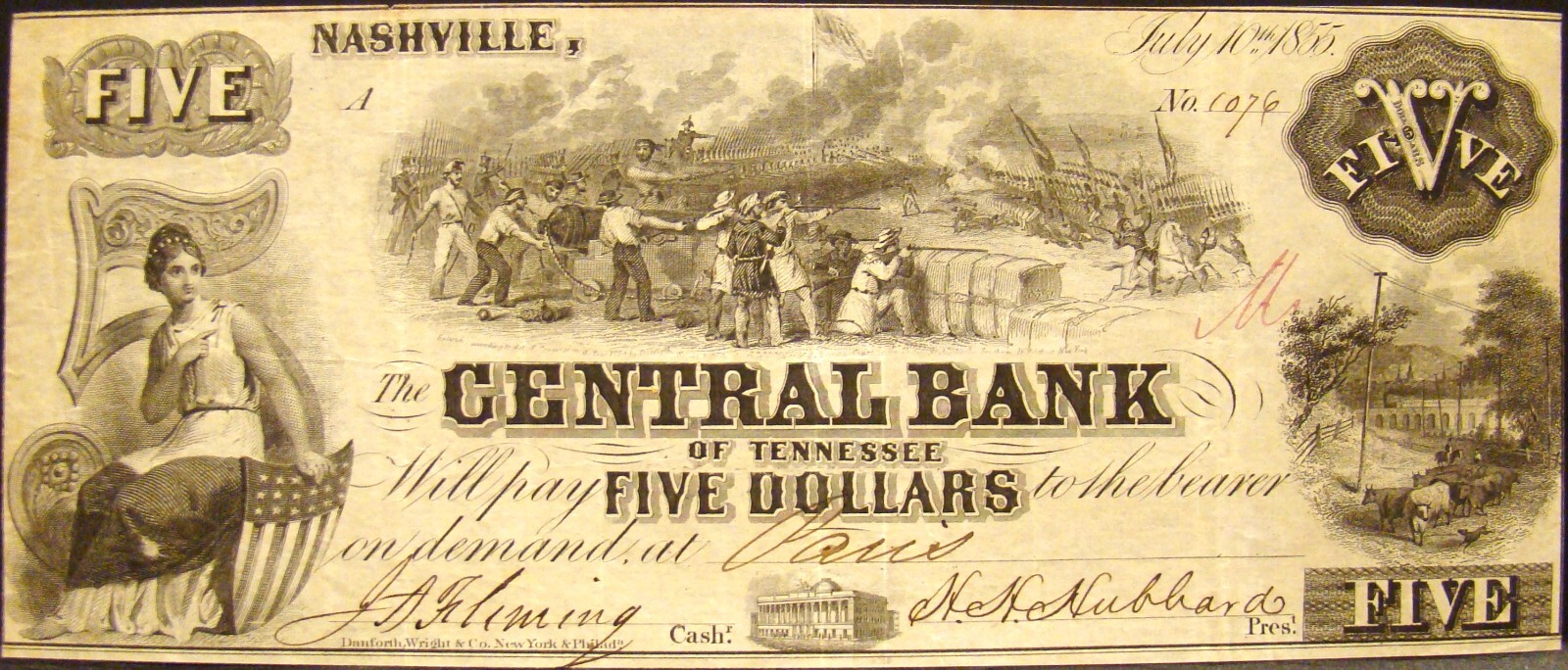 RARE 1855 DATED CENTRAL BANK OF TENNESSEE (NASHVILLE) $5.00 NOTE-HIGH GRADE