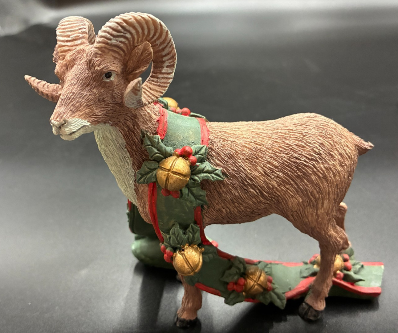 Vintage Silver Deer Christmas Animals Ram Figurine with Ribbon & Bells Tom Rubel