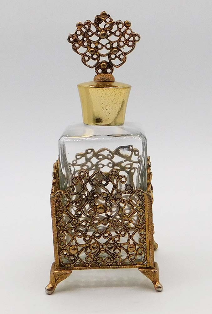 Vintage Antique French Gold Gilt Filigree Ormolu Crystal Glass Perfume Bottle