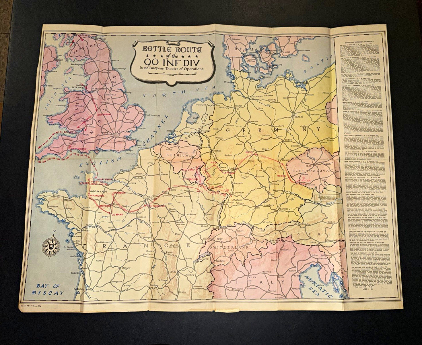 WWII 90th Infantry Division Battle Route Map, Original US Militaria Document