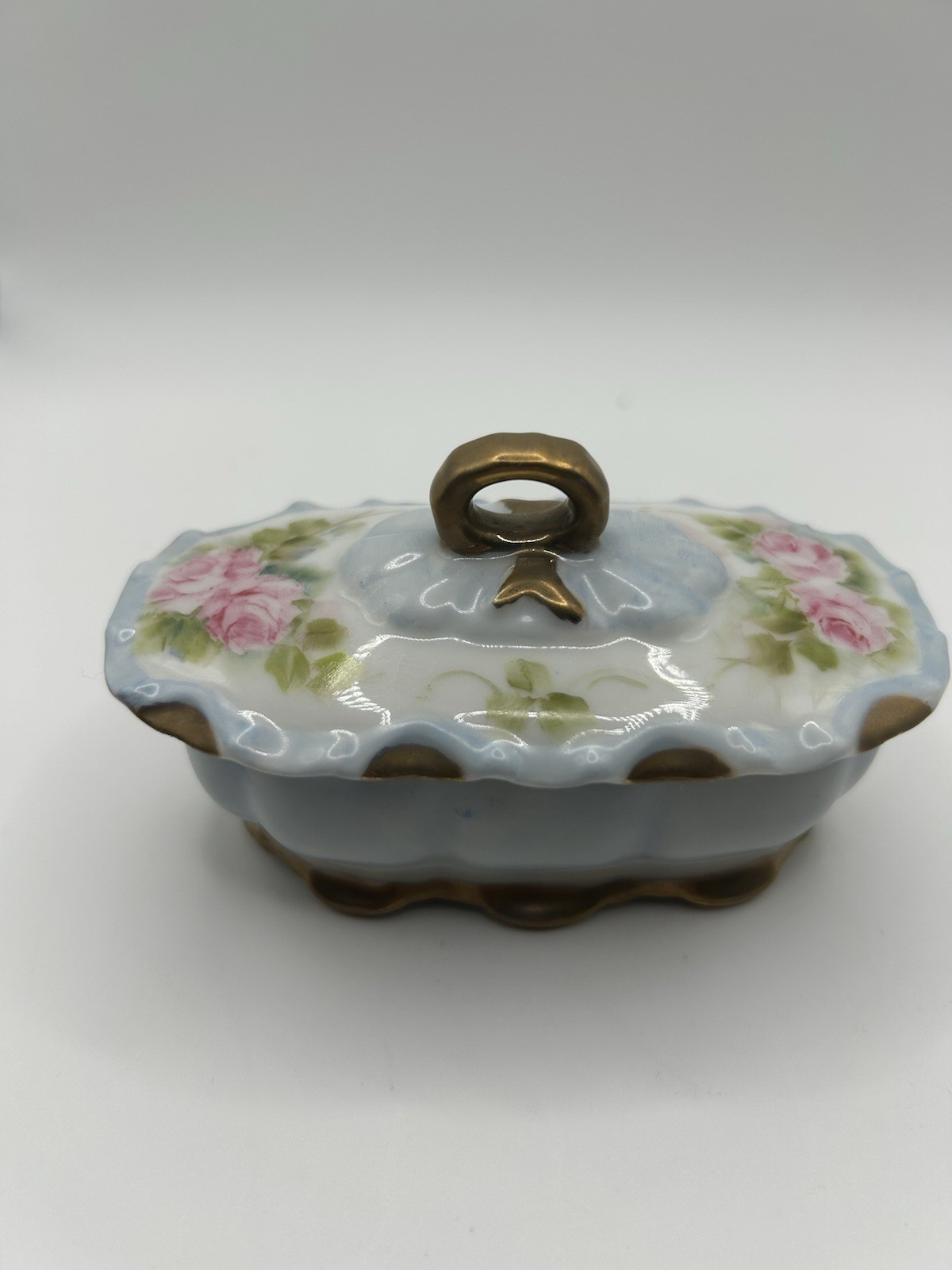 Antique Vintage Handpainted Porcelain Trinket Box W Lid Unmarked Floral Pattern
