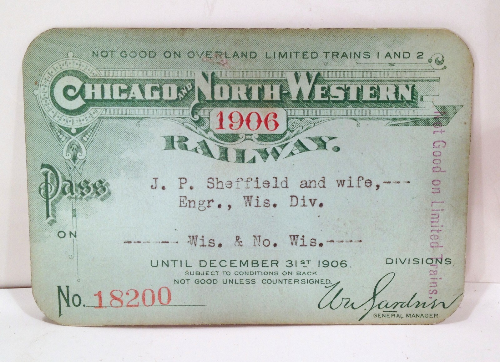 Vintage 1906 Chicago North Western Railroad Wisconsin Division Engineer Pass 