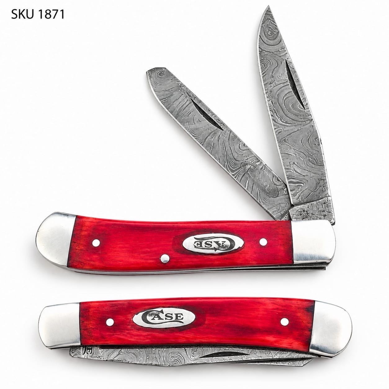 Trapper Pocket Knife – Red Wood Handle –Dual Blade–Damascus Steel Folding-USA