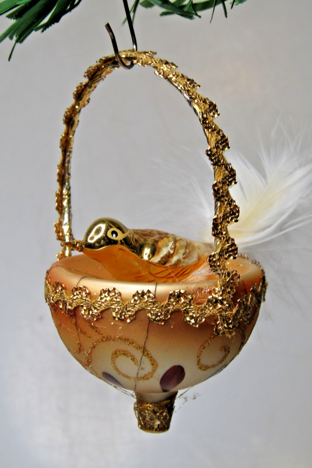 VTG Glass Crinkle Wire Glitter BIRD on NEST Feather Christmas Ornament Germany