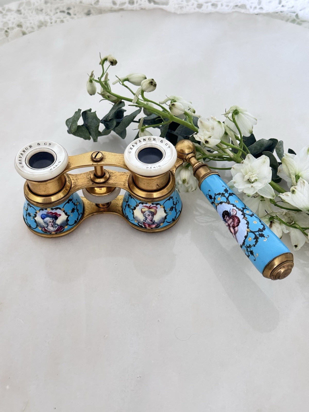Antique French opera glasses Chavance Paris hand painted enamel with handle 