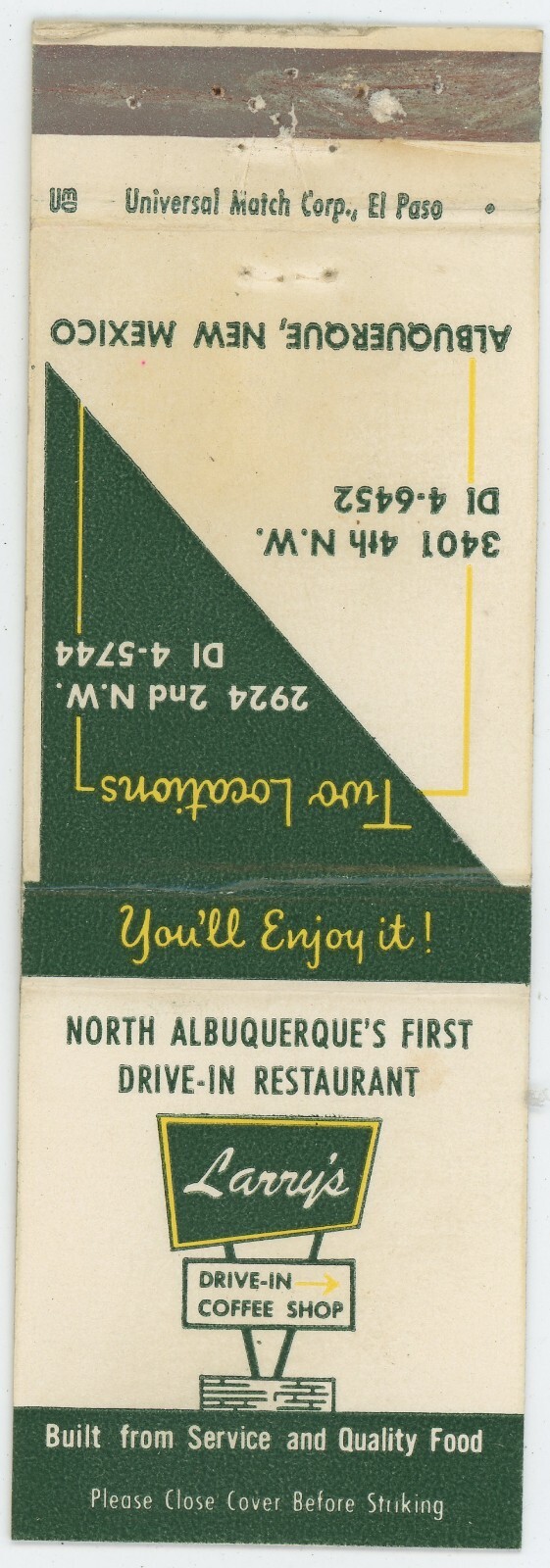 Larry's Drive In Coffee  Albuquerque NM Antq Matchbook Cover D-6