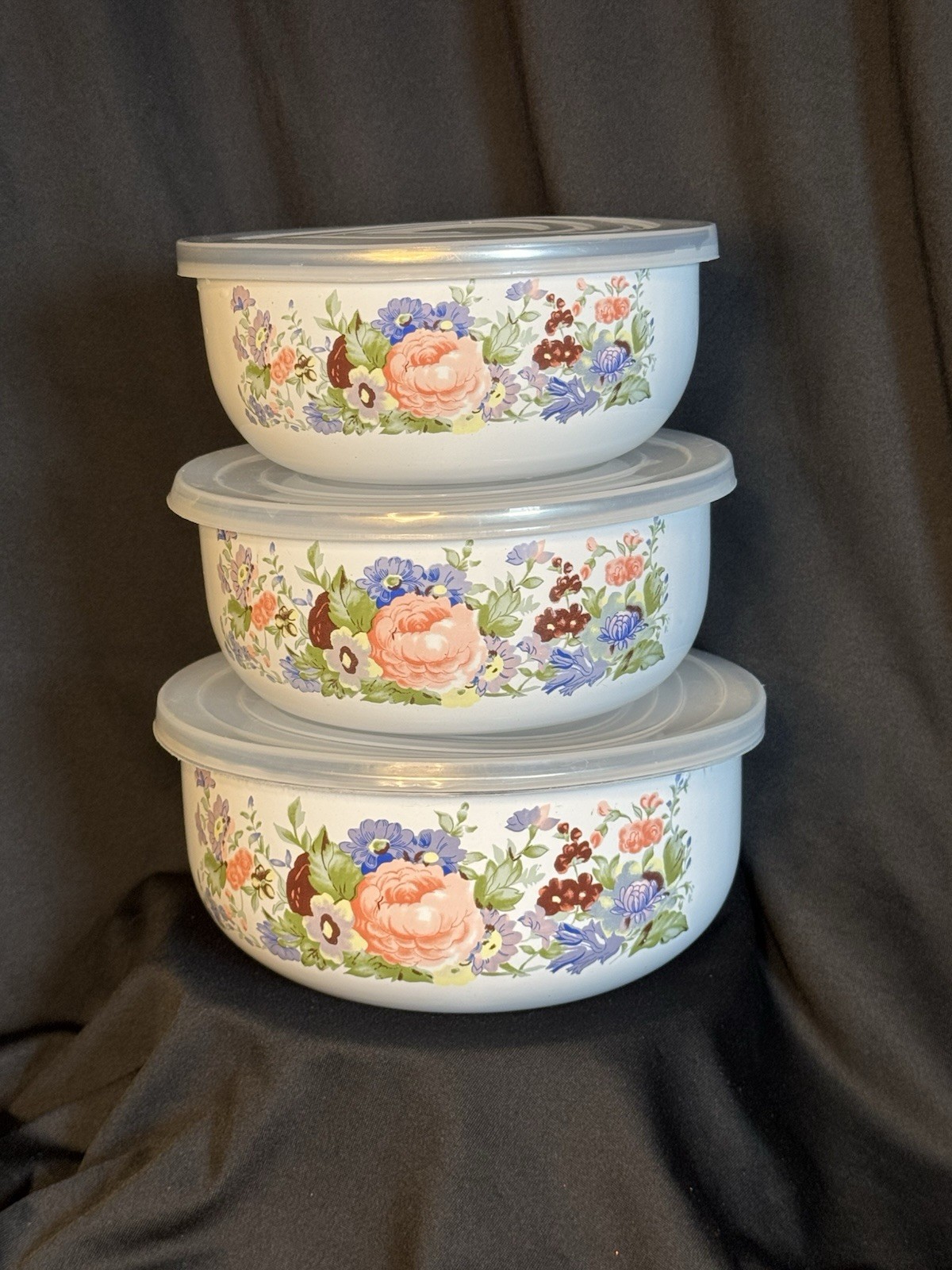 Vintage GMI 6 Pc Enamel Nesting Bowls Set with Lids Floral Peony Rose Pattern