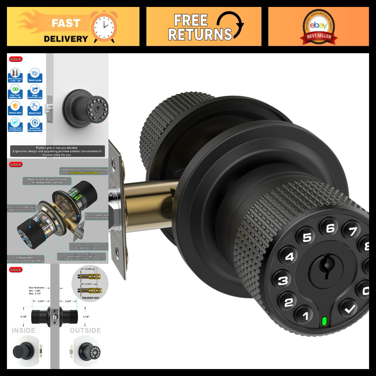 iulock Keypad & Key Smart Door Lock, 50 User Codes, Waterproof, Auto Lock - Matt