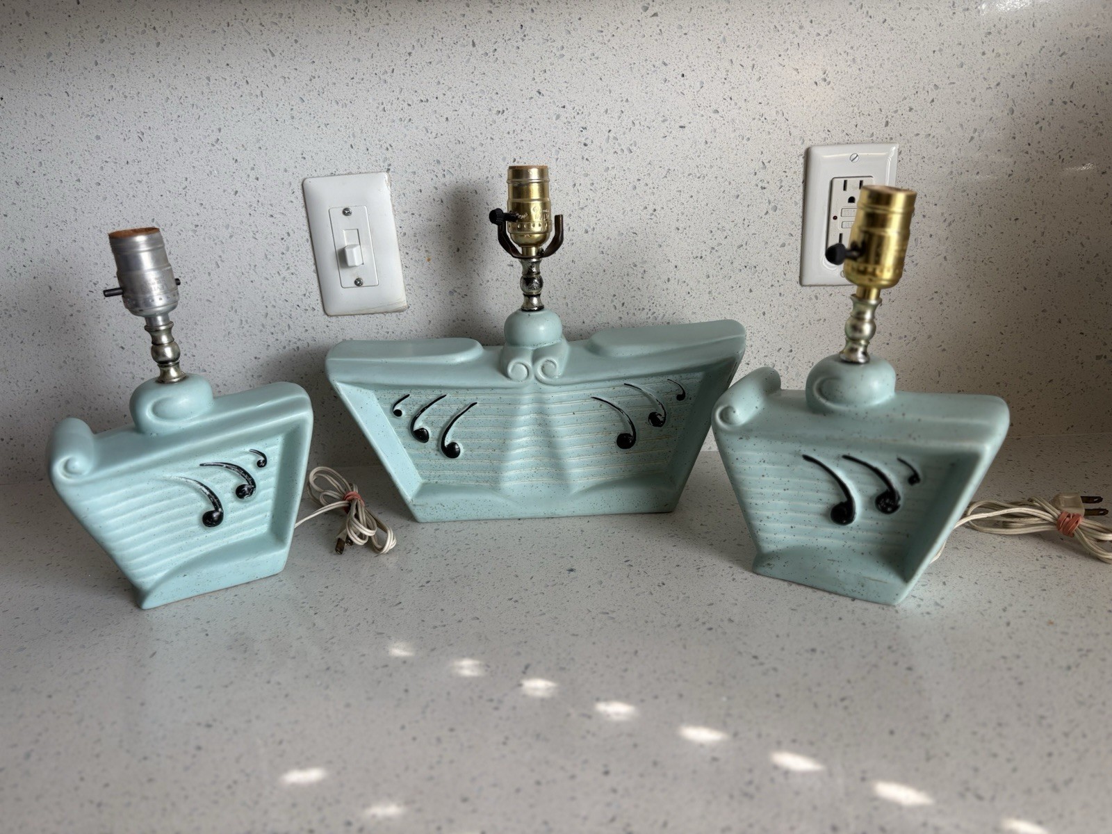 Set 3 Vintage 1950s  Mid Century Turquoise Art Deco Ceramic Table Lamps