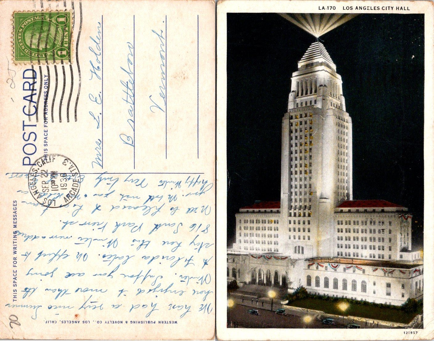 Los Angeles City Hall Postcard LA-170 Night View Vintage Mailed 1c Stamp Written
