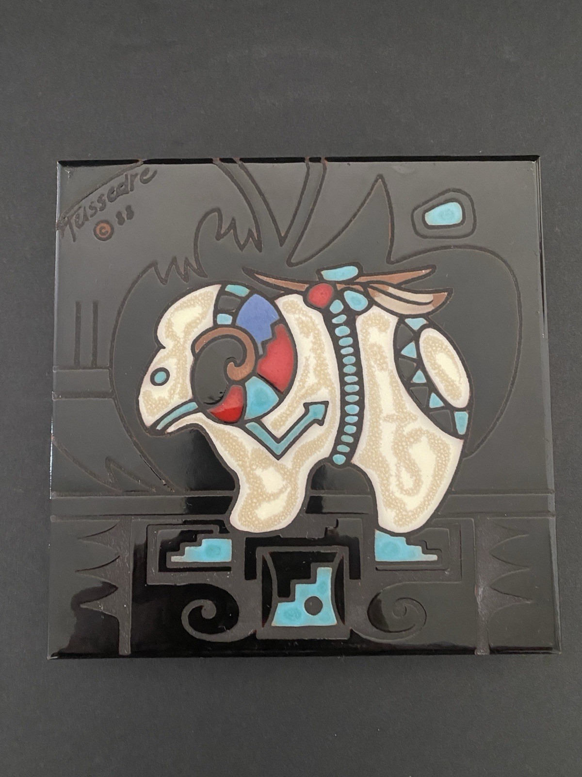 VTG 1988 Cleo Teissedre Ceramic Art Tile/Trivet Featuring Southwest-Style Ram