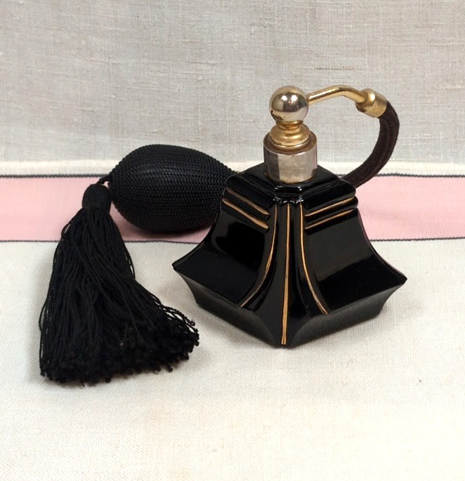 1920s Antique French Art Deco Black Glass Perfume Bottle Atomizer w/ Gold Trim
