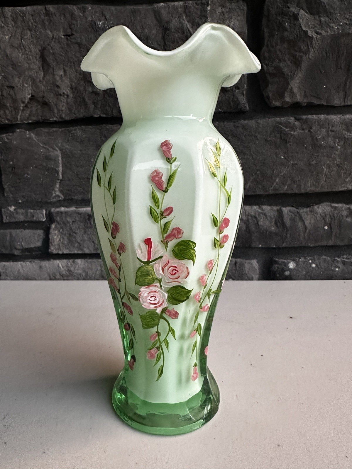 VTG Fenton Opaline Green Sierra Mist Glass Ruffle Floral Hand Painted Roses Vase