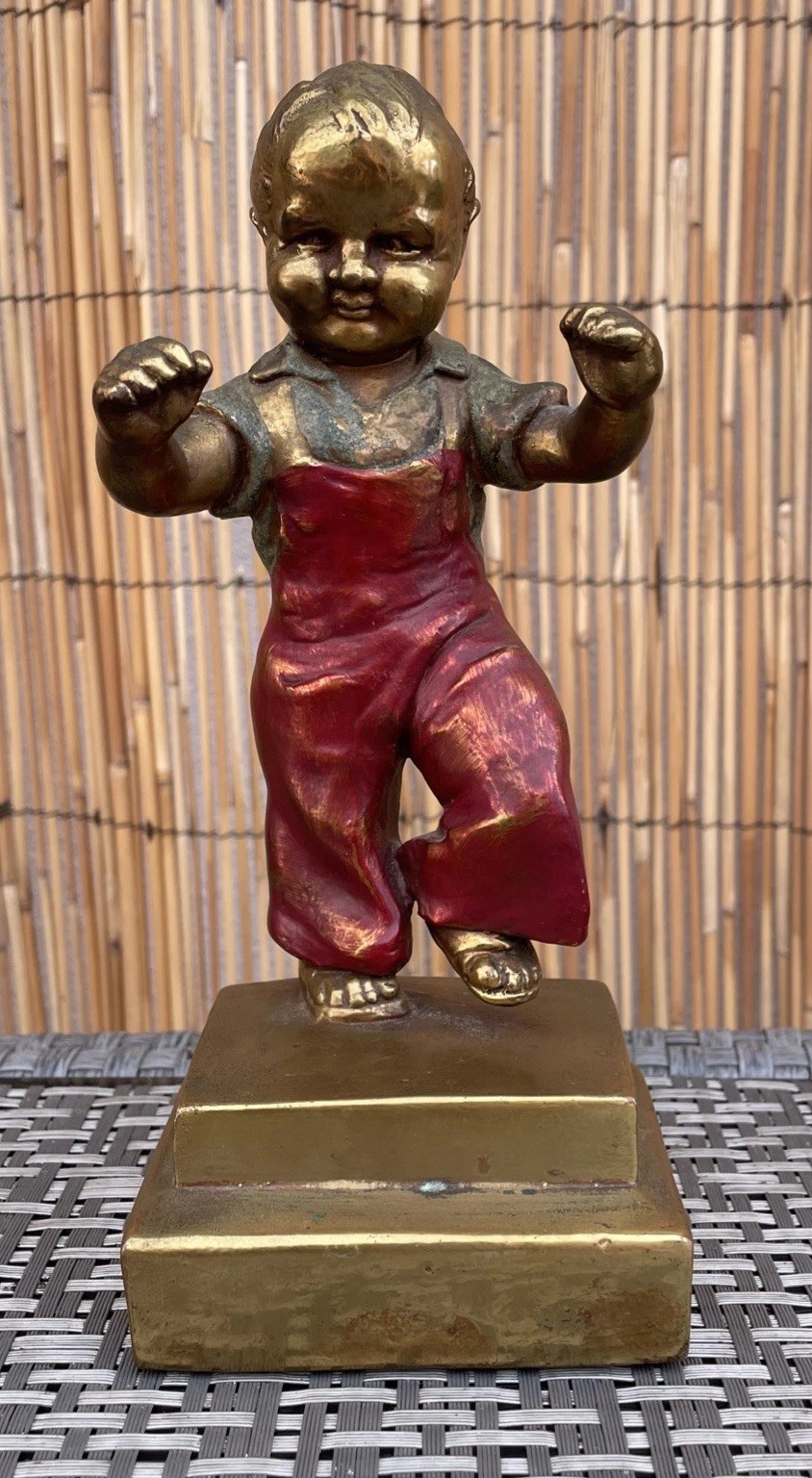 Vintage 1920s Armor Bronze Co. Toddler Figurine Red Overalls J.A. Merrill Maine