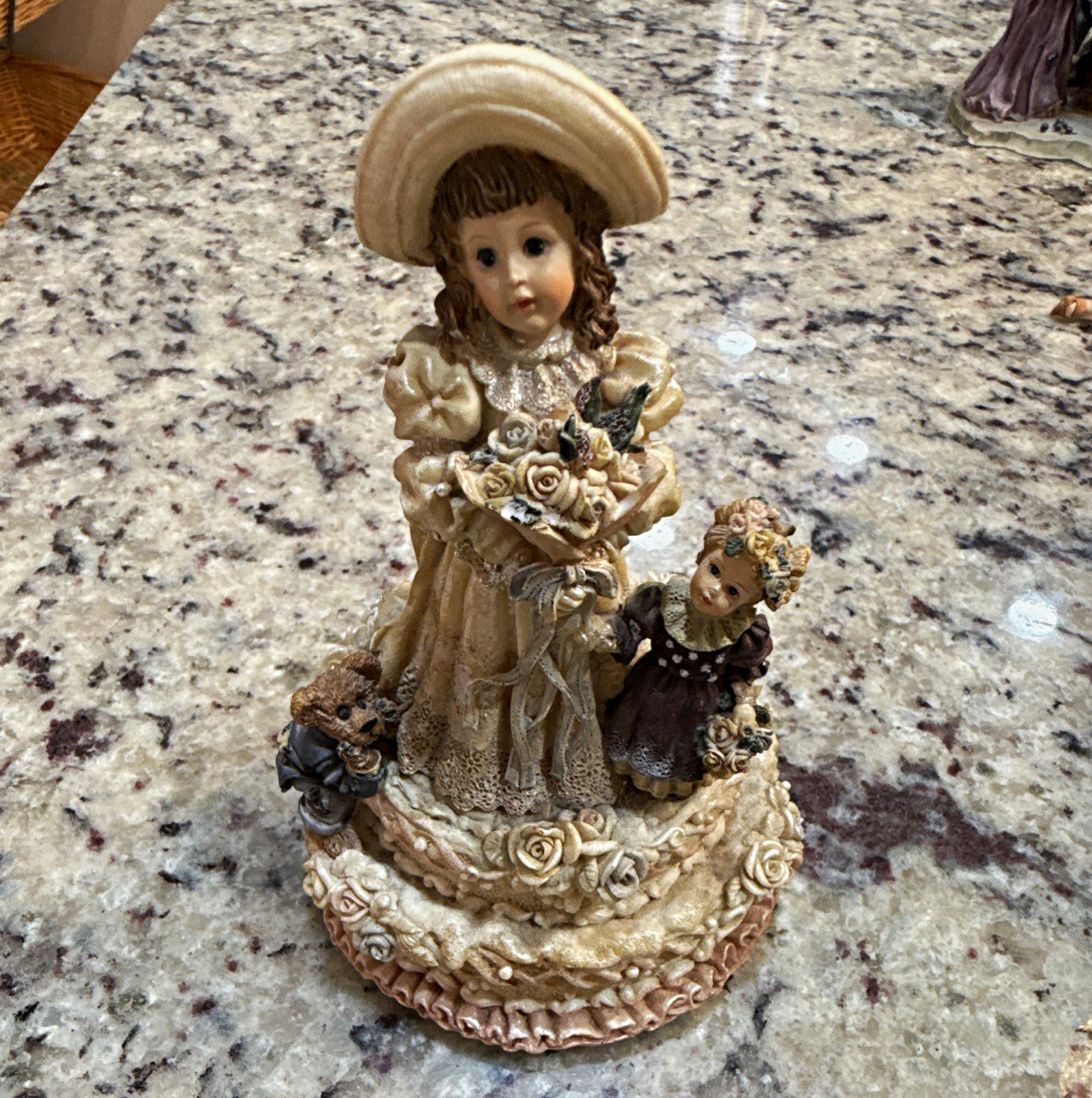 Victorian Girl Resin Figurine w/ Teddy Bear, Beige Cream Brown Decor