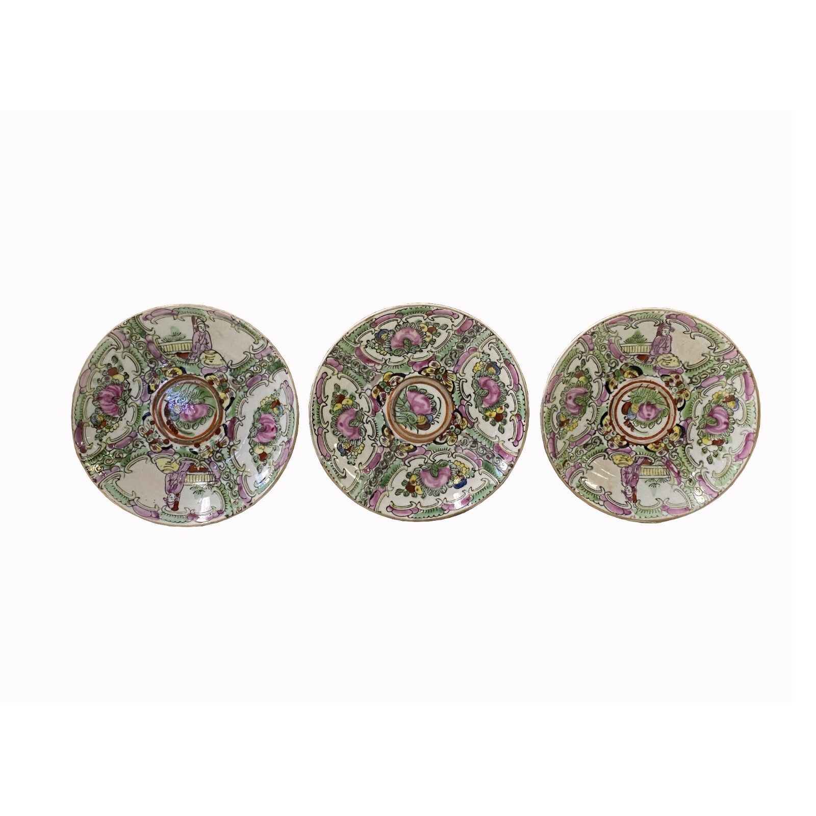 Set 3 Chinese Oriental Canton Porcelain Flowers Graphic Display Plate ws3868
