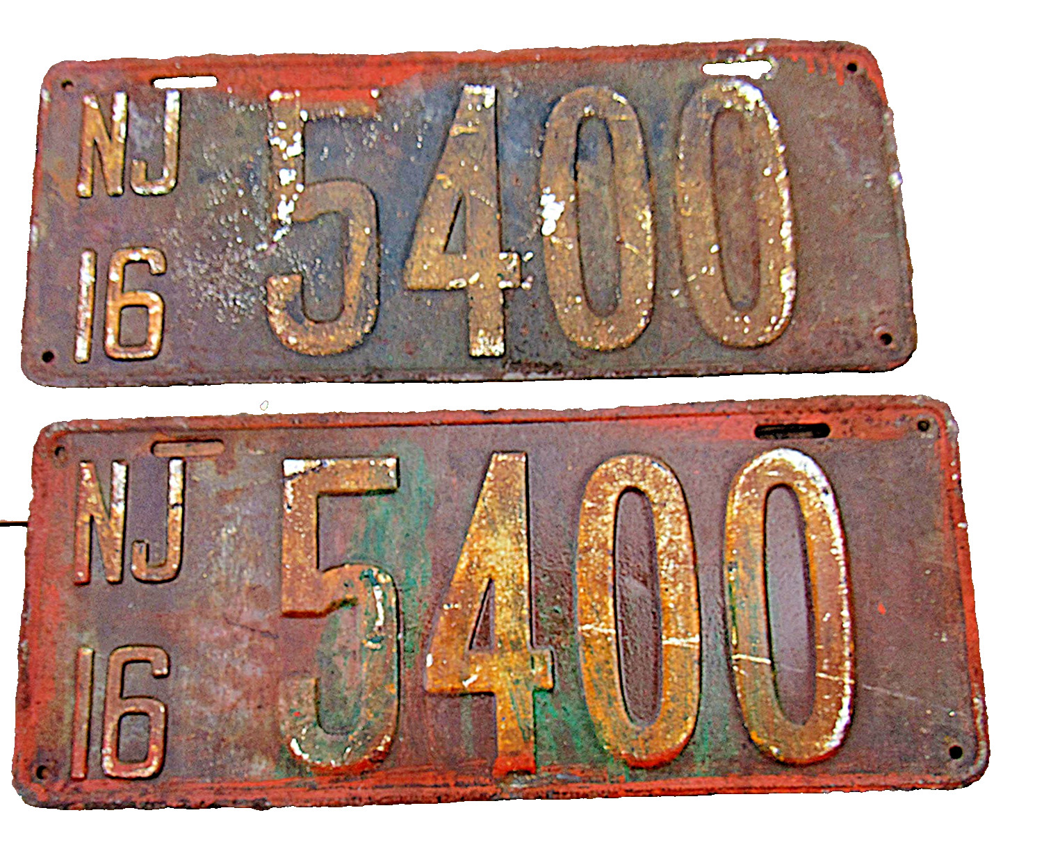 Vintage 1916 New Jersey License Plate Pair NJ Matching Set. Great Low No. #5400