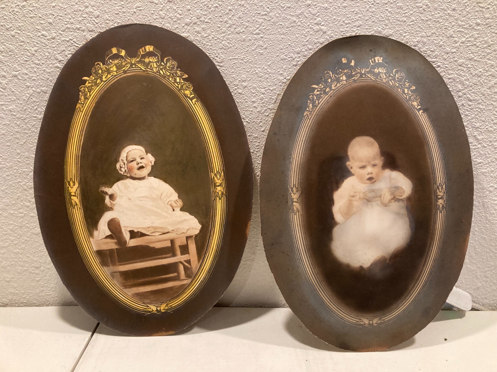 Pair Vintage Baby Oval Photographs Sepia Ornate Gold Mounts