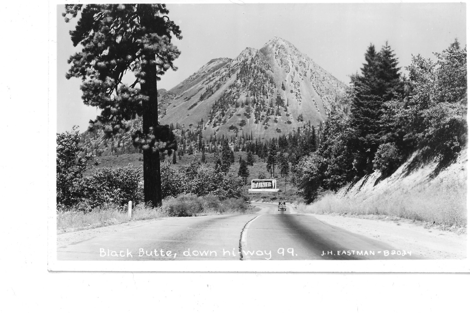 VTG B&W Post Card Weed CA Black Butte Mtn RPPC Hwy 99 Rainier Beer Billboard
