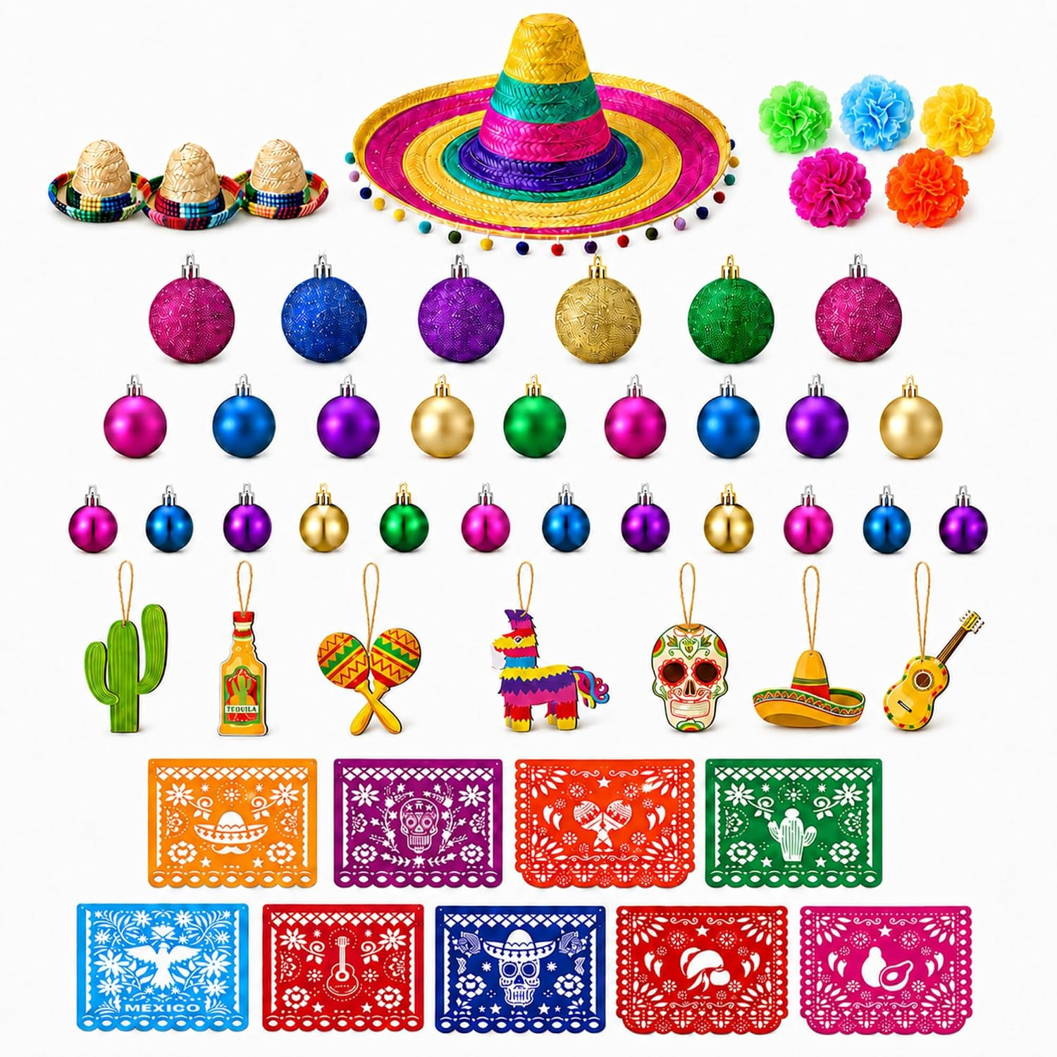 45 Pcs Day of the Dead Decor, Dia De Los Muertos Papel Picado Set
