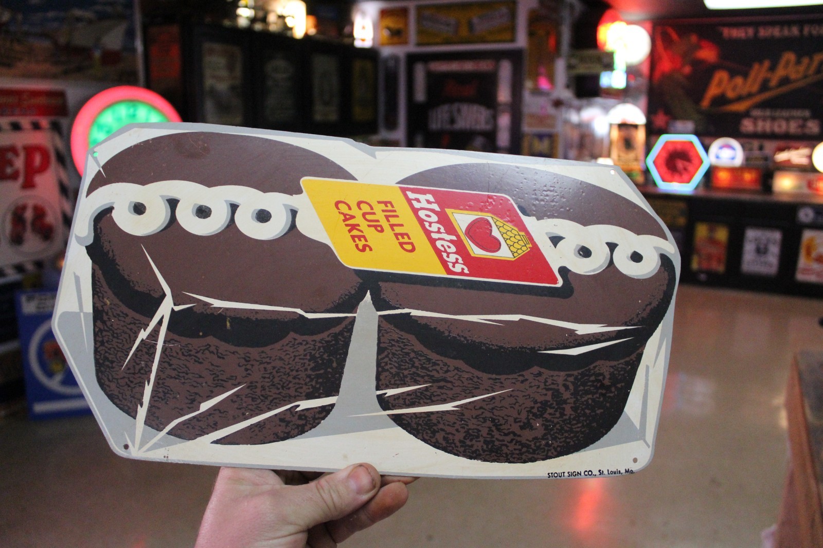 RARE 1960s HOSTESS CUP CAKES DEALER PAINTED METAL SIGN CORN FARM STORE BAKERY