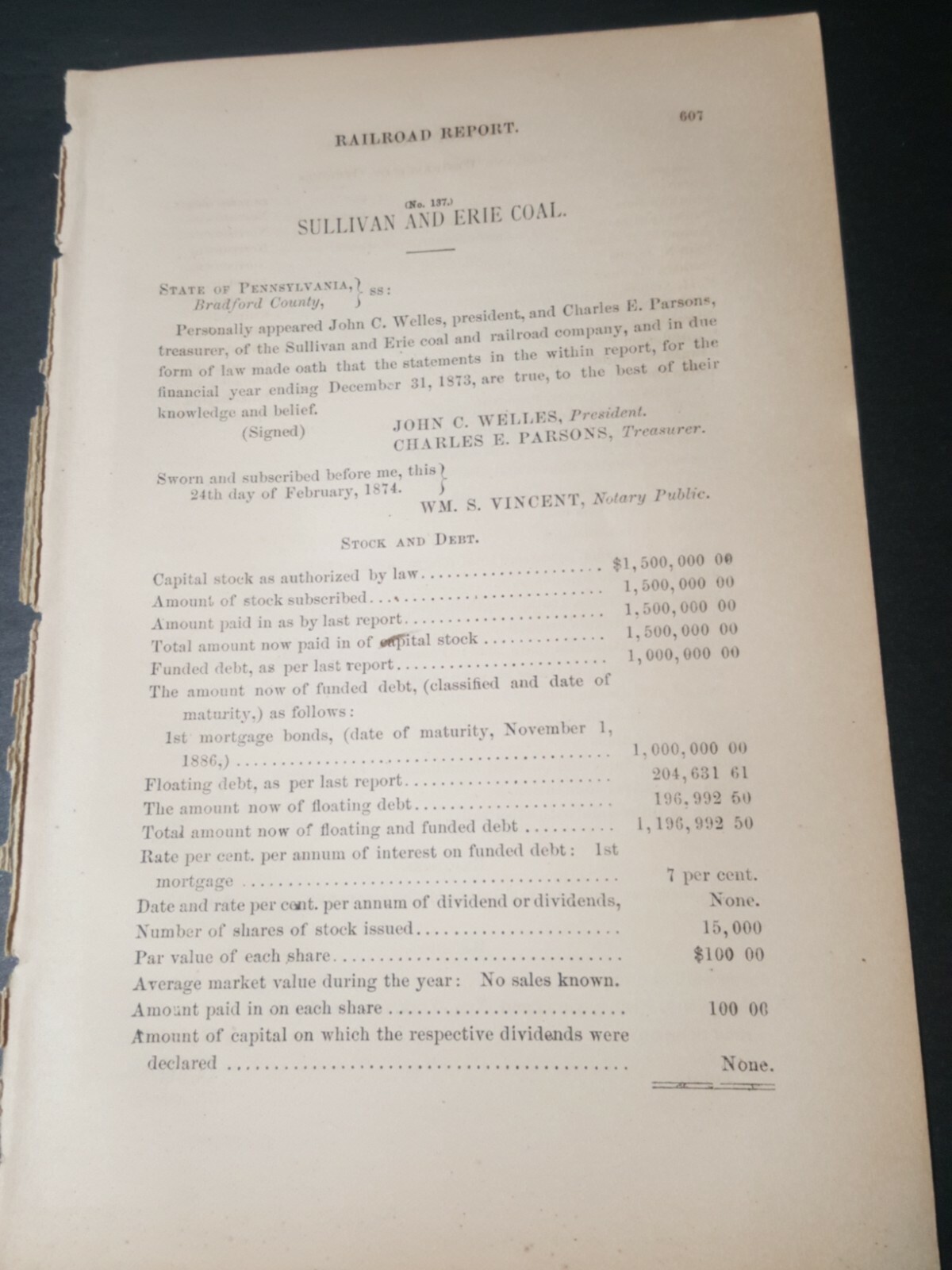 1874 train document SULLIVAN & ERIE COAL & RAILROAD Bernice Athens Pennsylvania