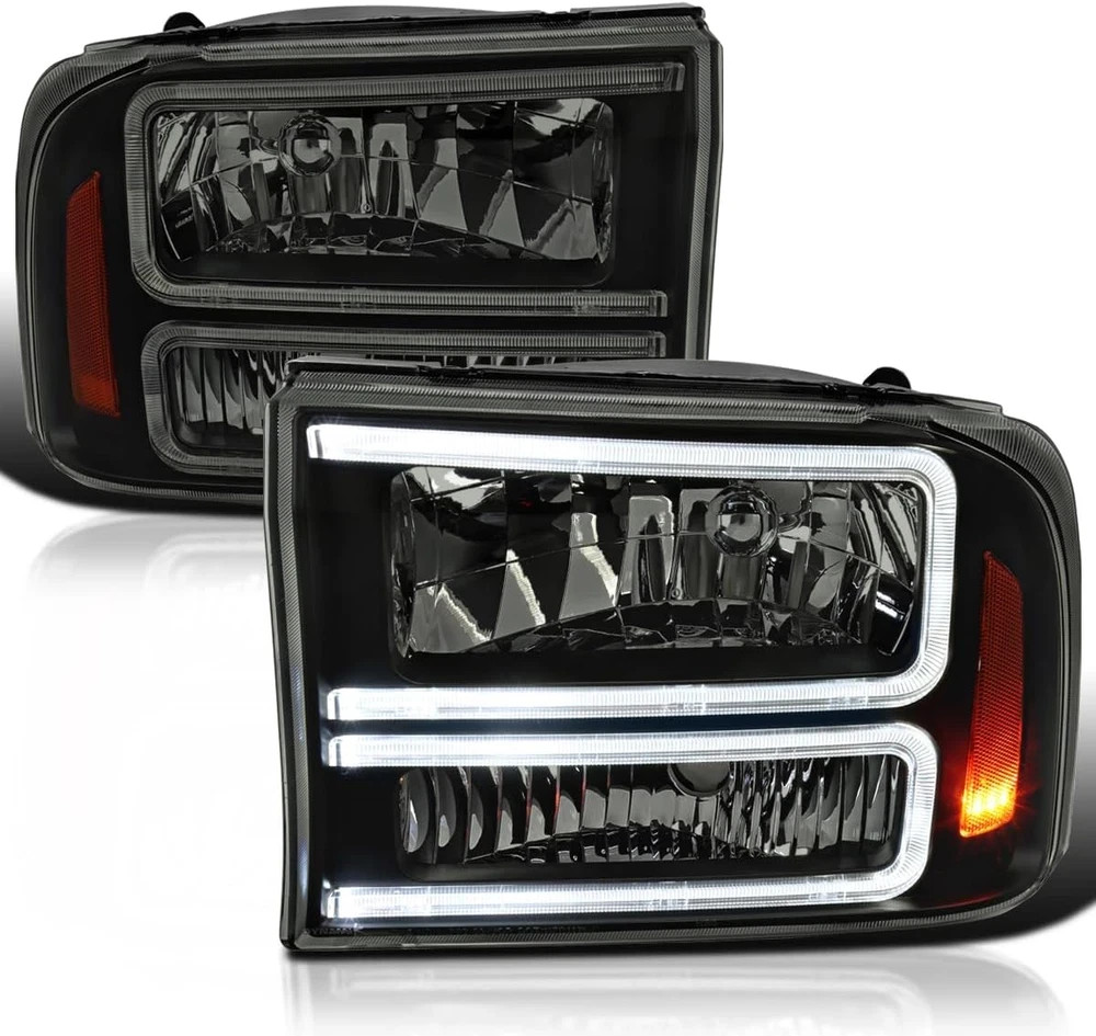 Black Smoke Headlights with LED Bar Compatible with 1999-2004 Ford F-250, F-350,