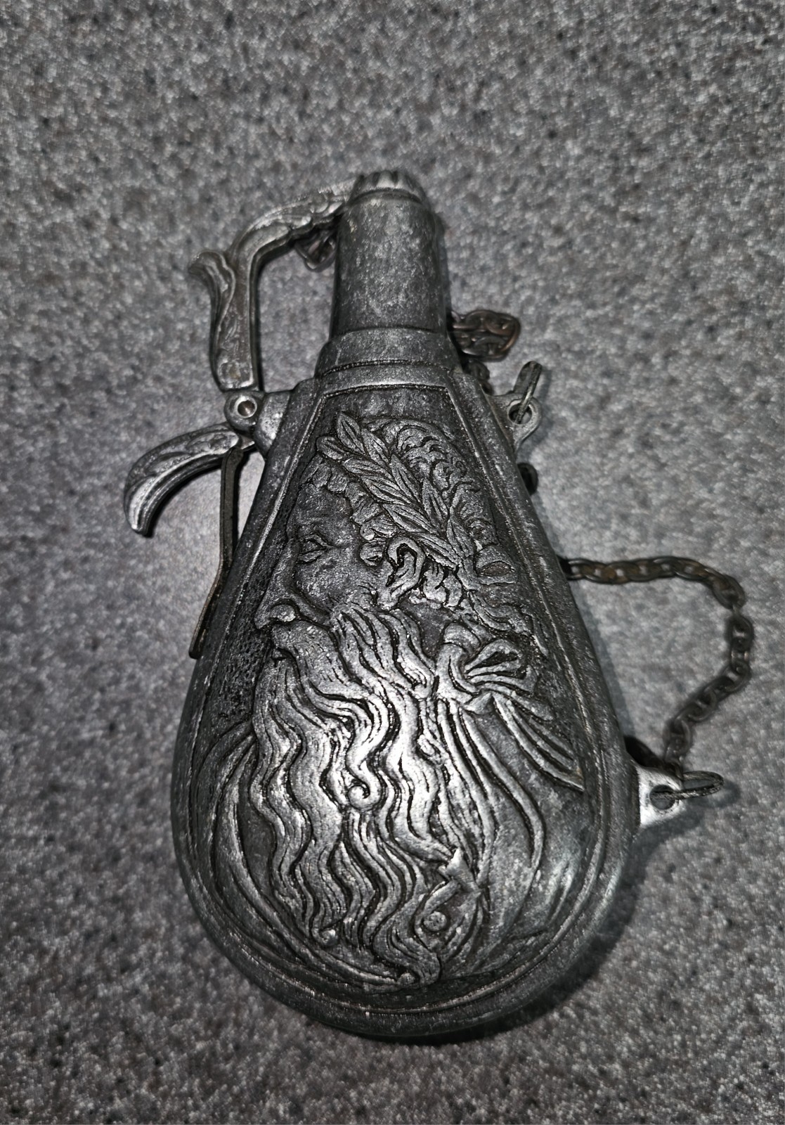 Rare Antique French Pewter Powder Flask, Metal, with Zeus  & Greek Goddess