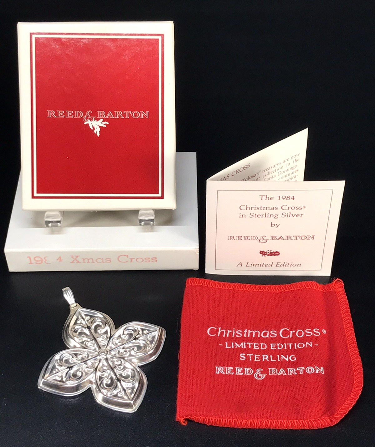 REED BARTON 1984 STERLING SILVER CHRISTMAS CROSS ORNAMENT 15g BOX POUCH SLEEVE