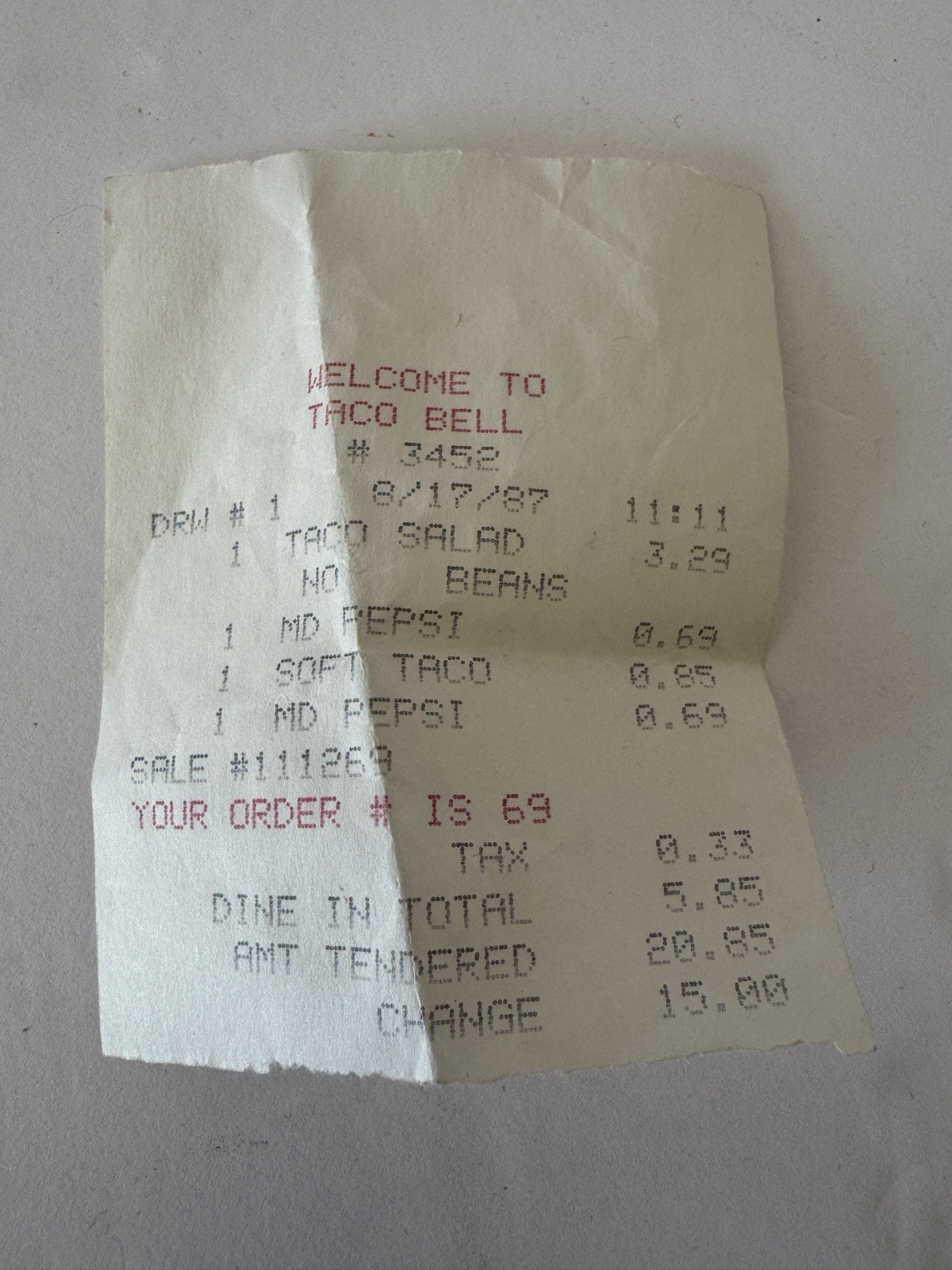 Collectible Vintage 1980s Taco Bell Receipt Move Prop Collector Item 1987