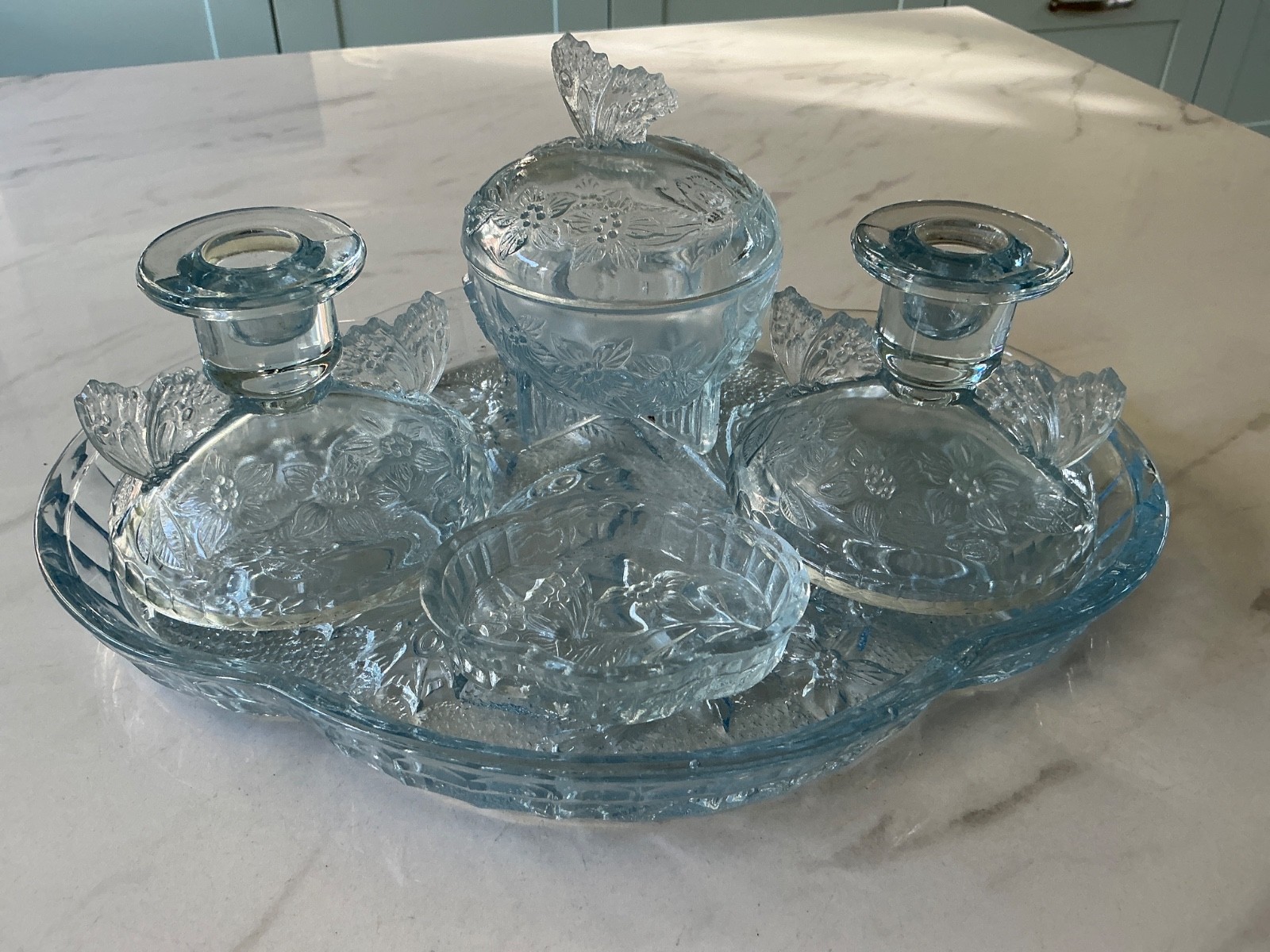 Vintage Five Blue Glass Butterfly Dressing Table Set  - Art Deco - Vanity set