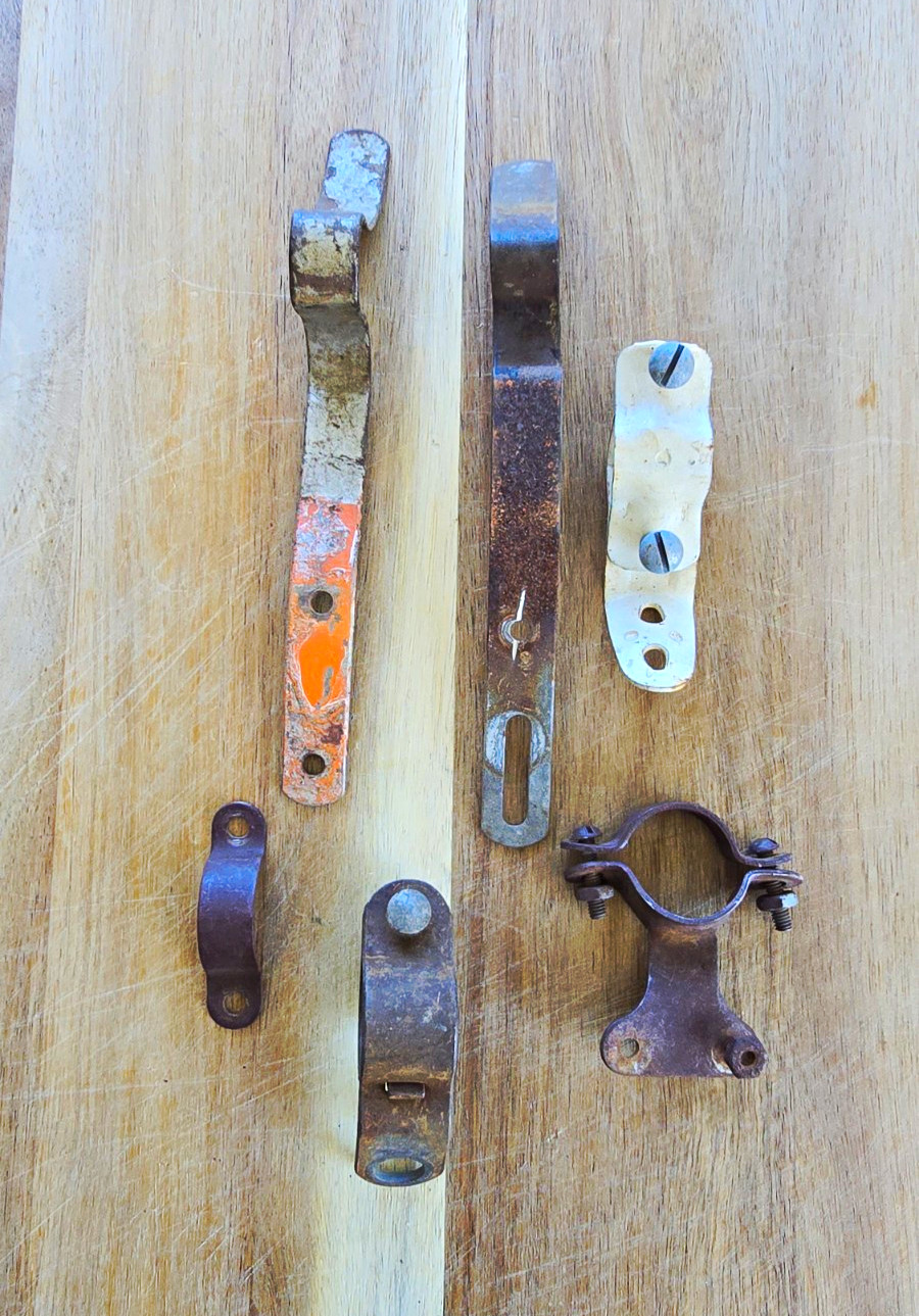 Vintage Bicycle Parts Lot (6) Metal Clamps Brackets Levers Bolts & Fasteners