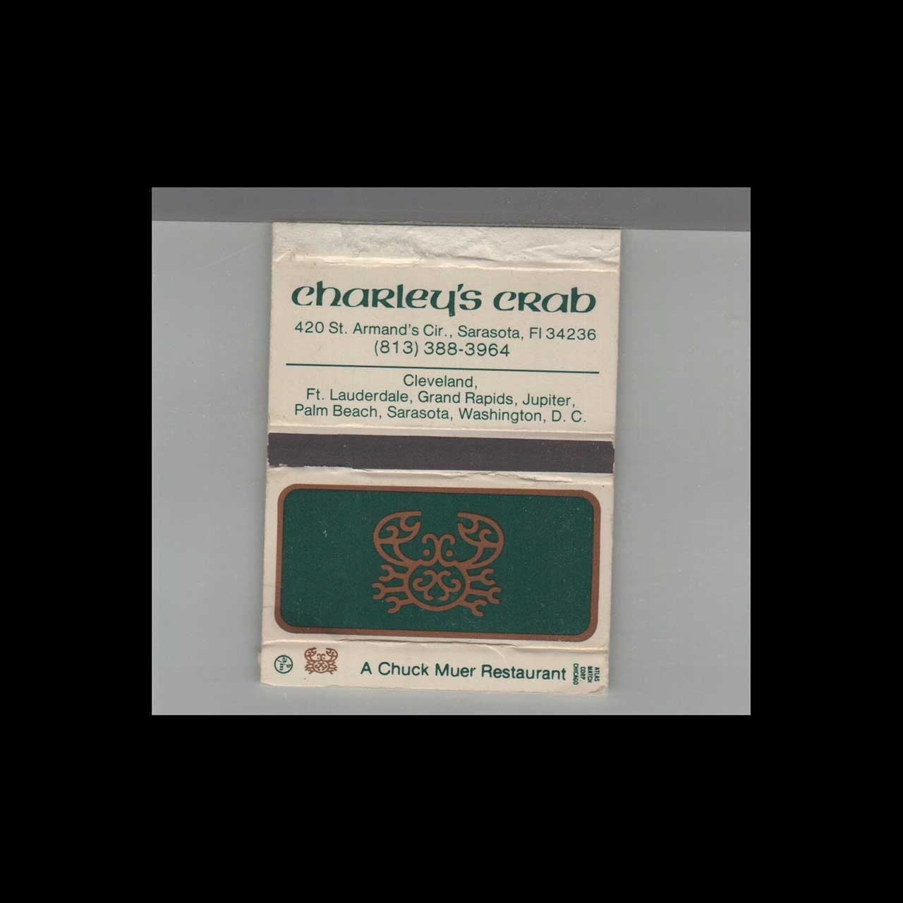 Matchbox Cover - Sarasota, FL Chuck Muer\'s Charley\'s Crab