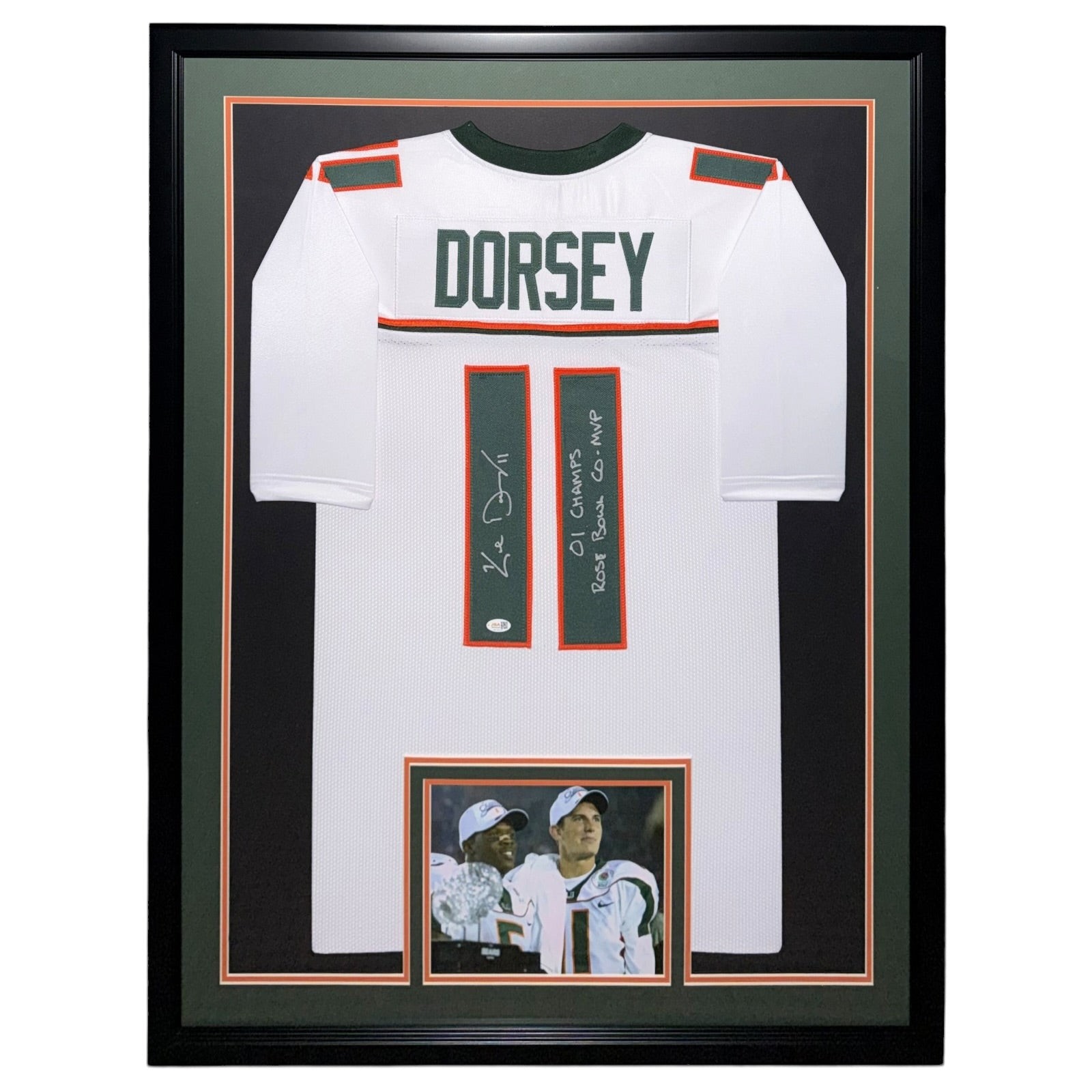 Ken Dorsey Autographed Miami (White #11) Deluxe Framed Custom Stitched Jersey w/