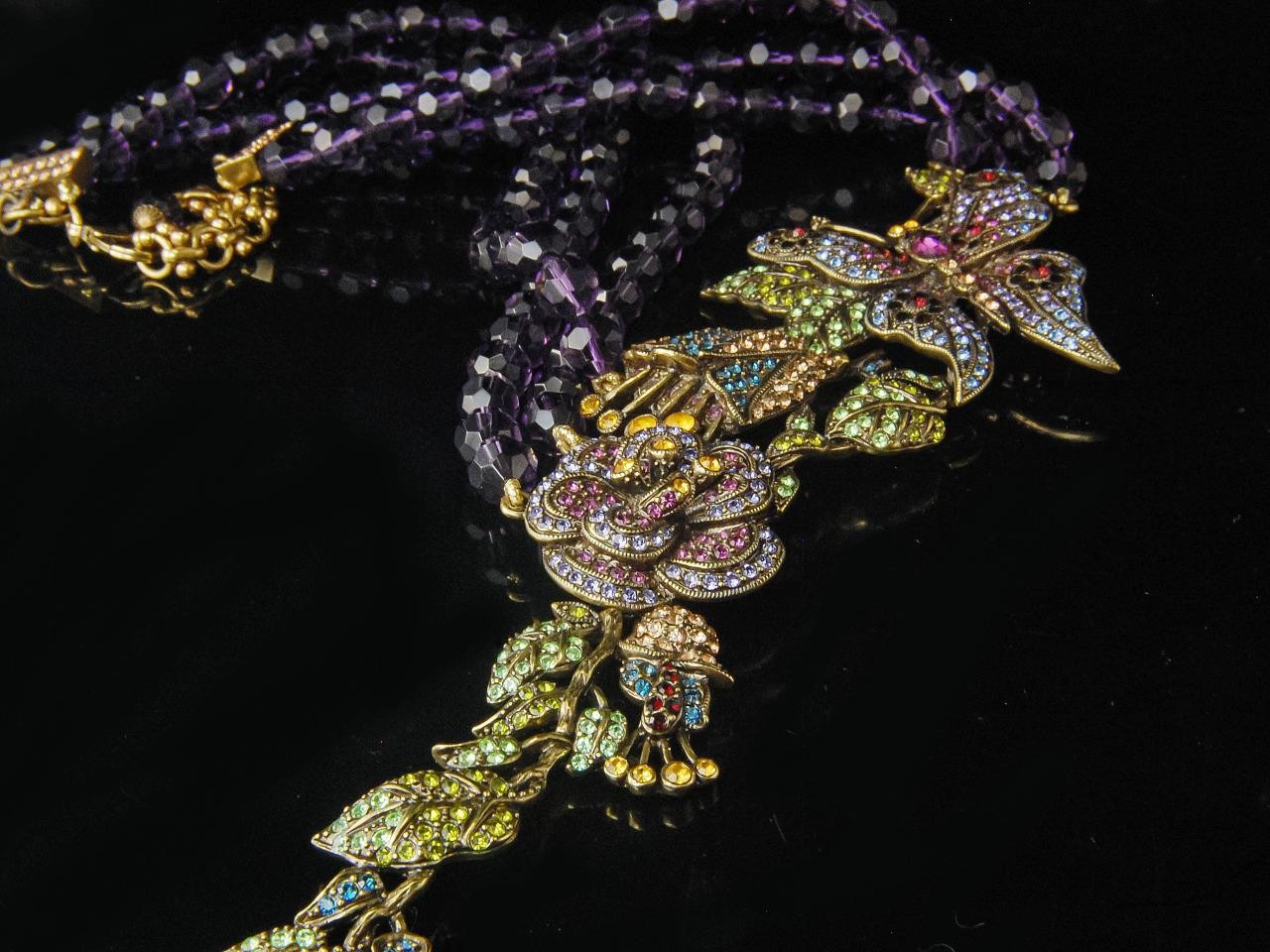 LA VINTAGE HEIDI DAUS BUTTERFLY FLOWER RHINESTONE AMETHYST GLASS NECKLACE