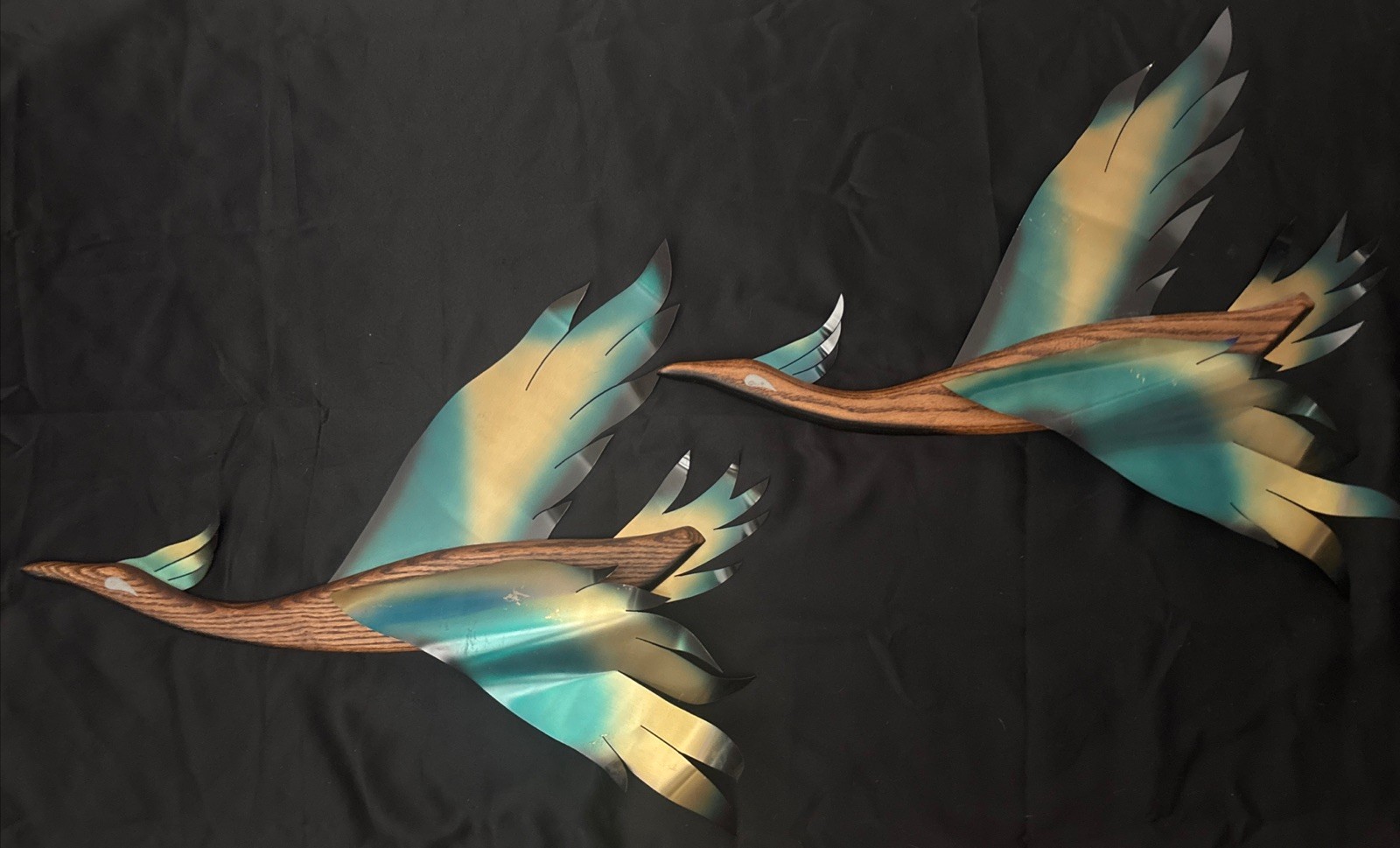 Pair of MCM Metal & Wood Flying Phoenix Bird Masketeer Inc. 1962 Wall Art