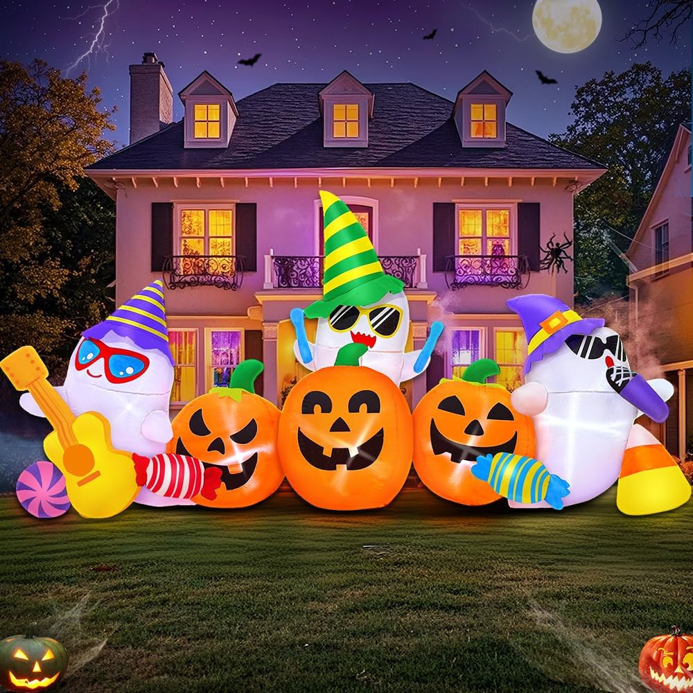 GIANT 8FT Halloween Inflatable Ghost Pumpkin Band with LED Outdoor Yard Decor