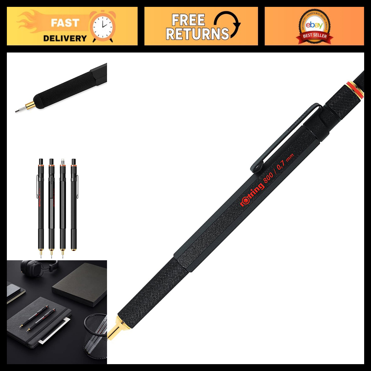 Rotring 800 Retractable Mechanical Pencil 0.7 mm Black Barrel