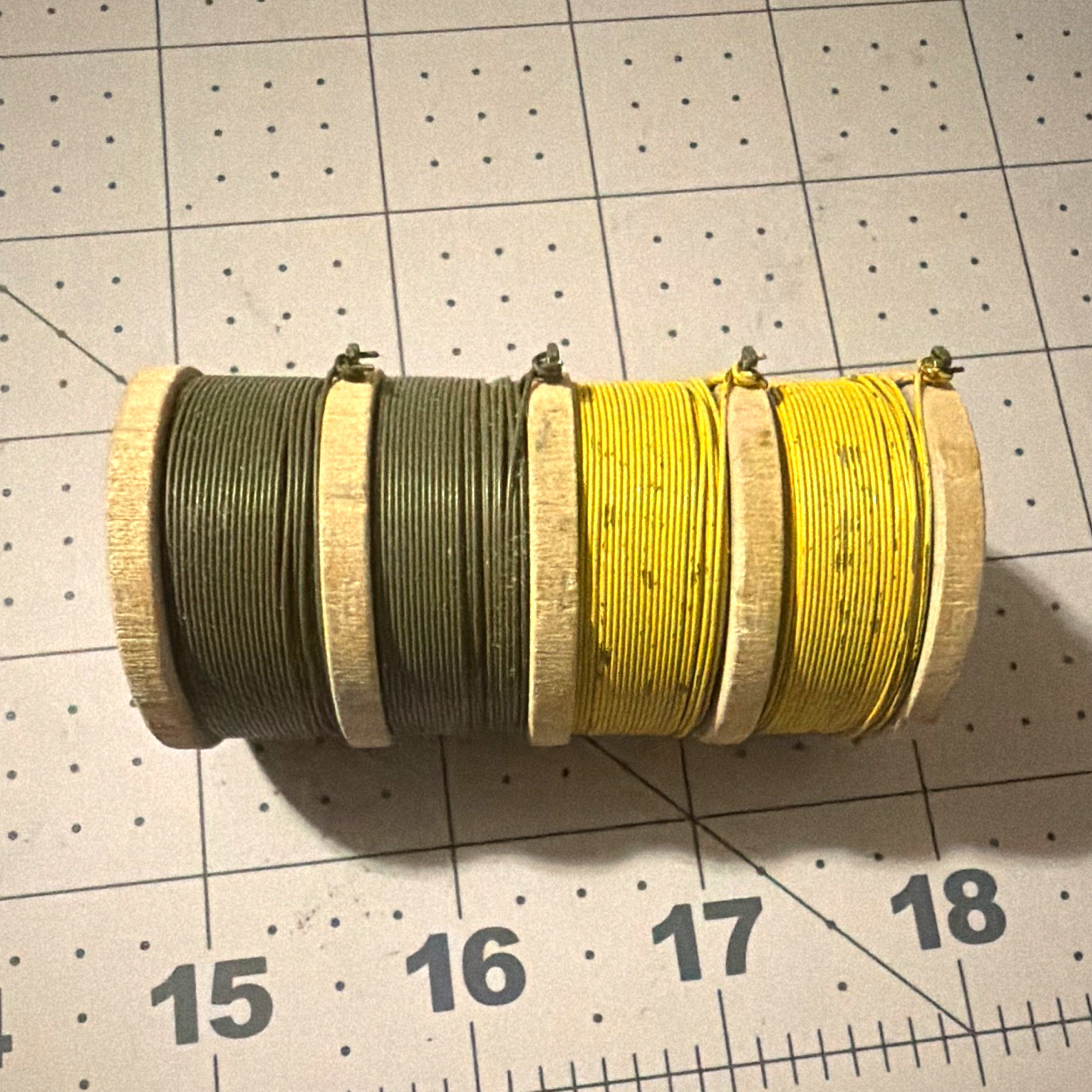 Vintage WWII / Vietnam Era US Military Wood Tripwire Spool - Olive Drab & Yellow