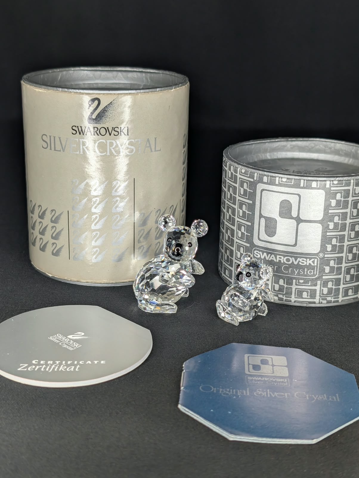 Vintage Set of 2 Swarovski Crystal Koala Bears Mother Baby Box COA