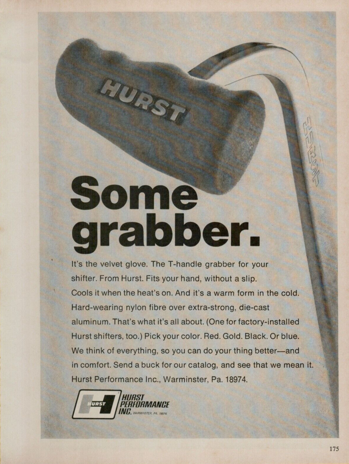 1969 Hurst Performance T-handle Grabber for Shifter Aluminum Vintage Print Ad