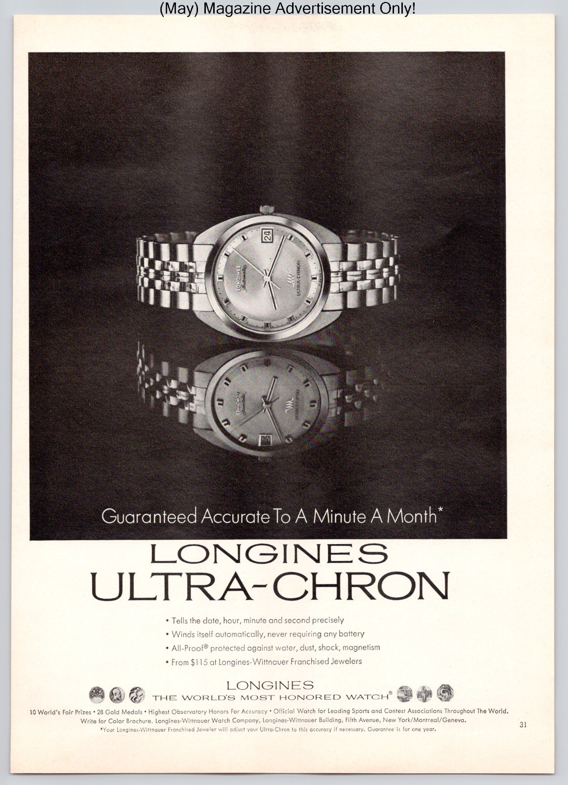 Longines Ultra-Chron Precision Automatic Stainless Watch Vtg 1968 Advertisement
