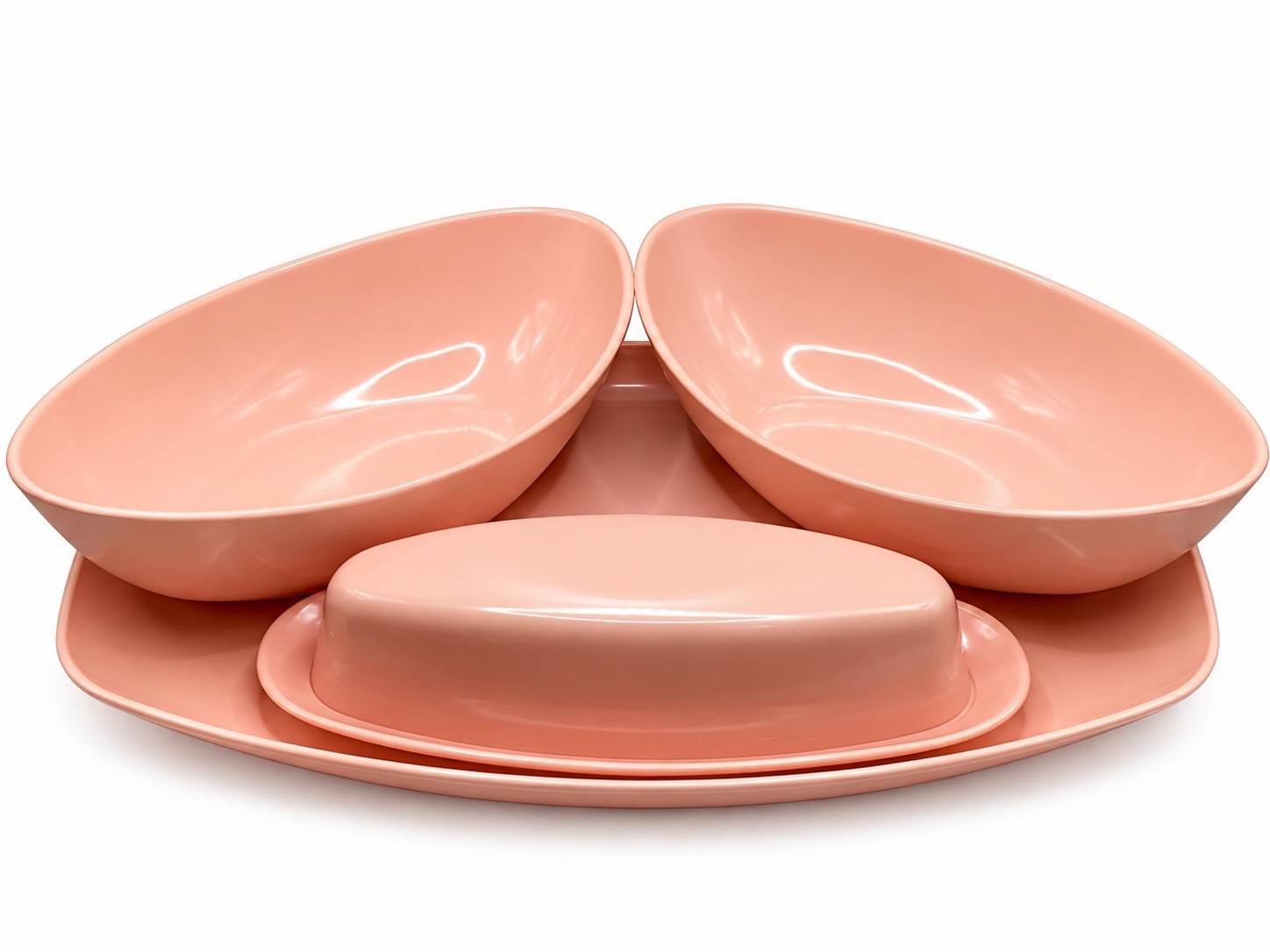 Melmac Pink Melamine Lot Of 4 Vintage Tray Butter dish & Oval Serving Bowls